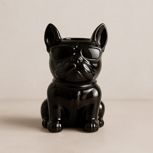 Brûle-parfum céramique bouledogue noir brillant design original pour fondants Mileïdi Créations